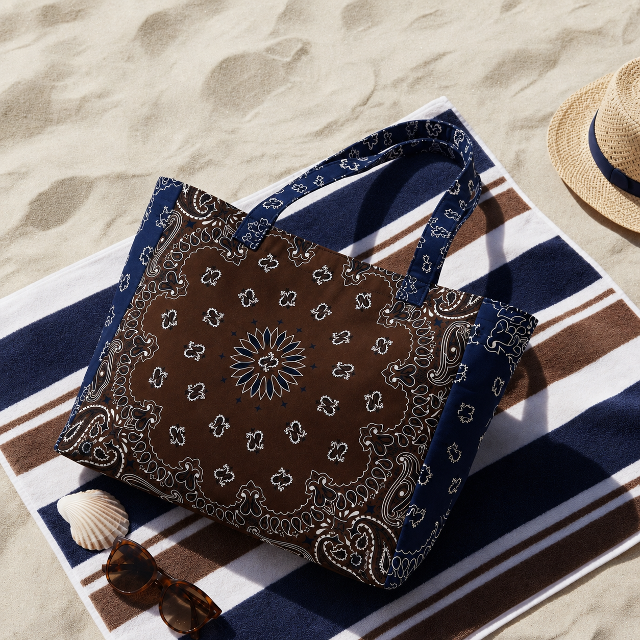 Bailey Brown/Navy Bandana Tote with MONOGRAM