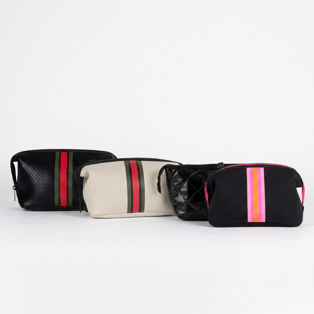 Four Erin cosmetic bags, including cream Erin Roma with red and green stripes, on a white background