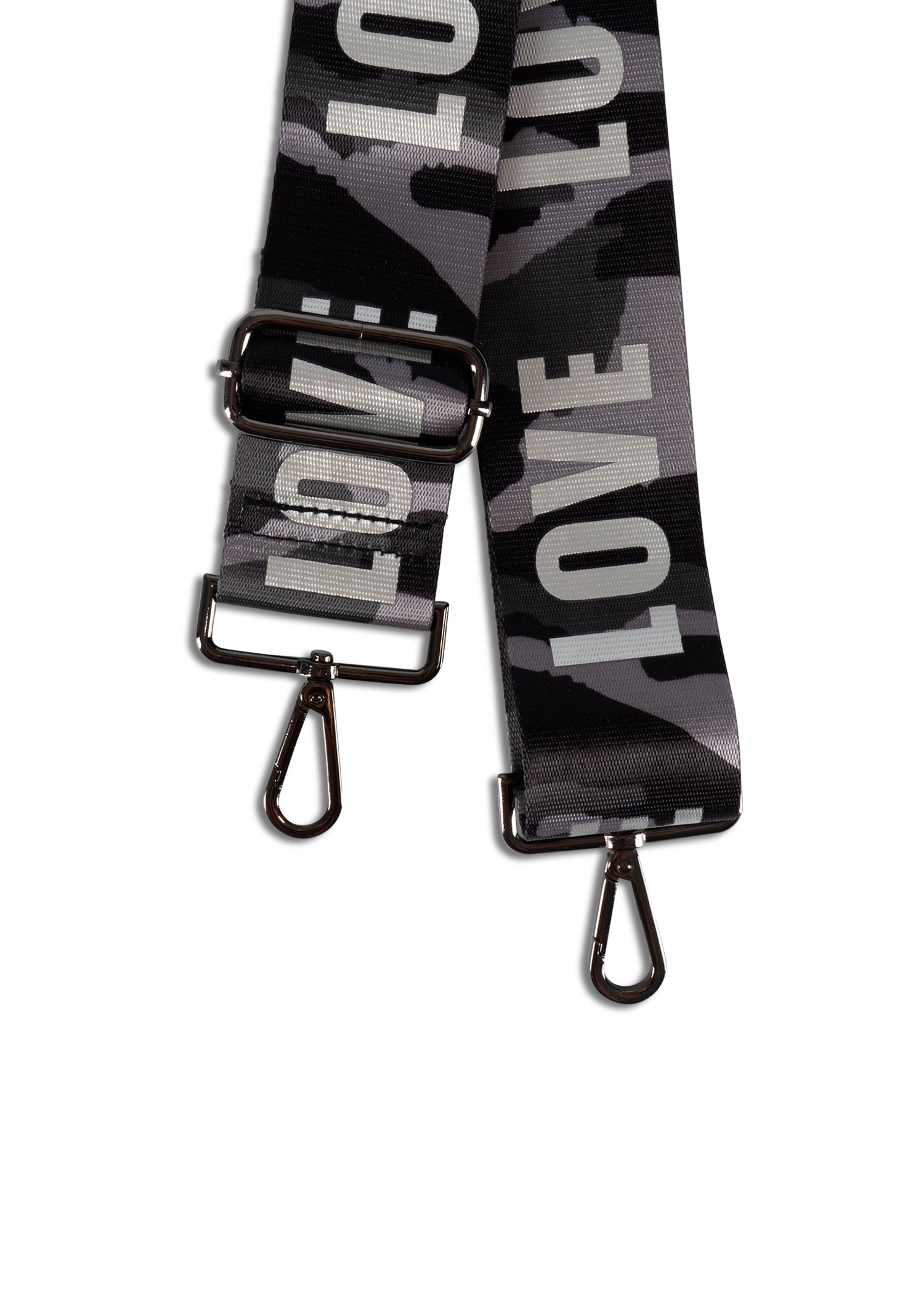 gray camo/silver love handbag strap