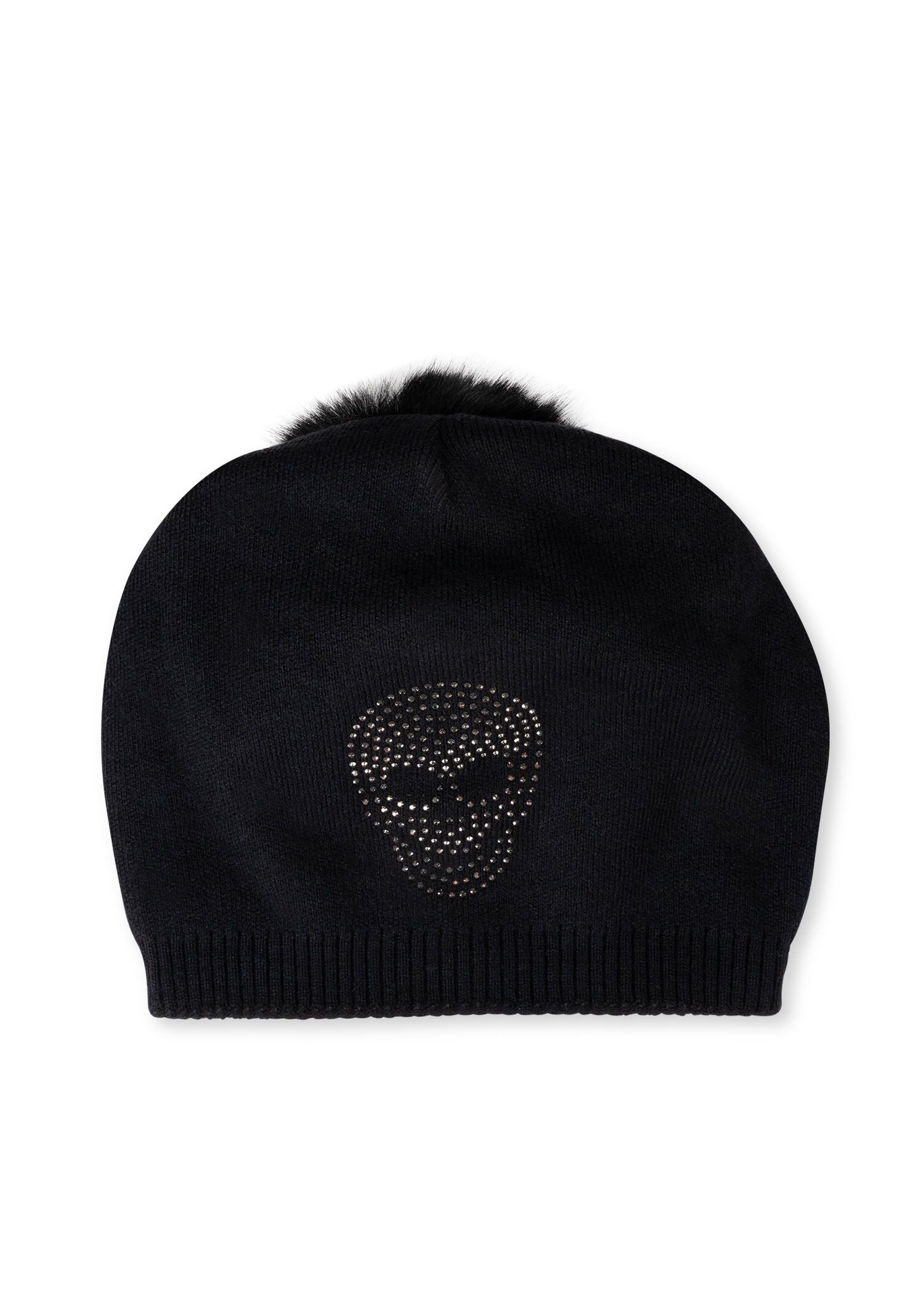 skull beanie faux pom pom black/black pom